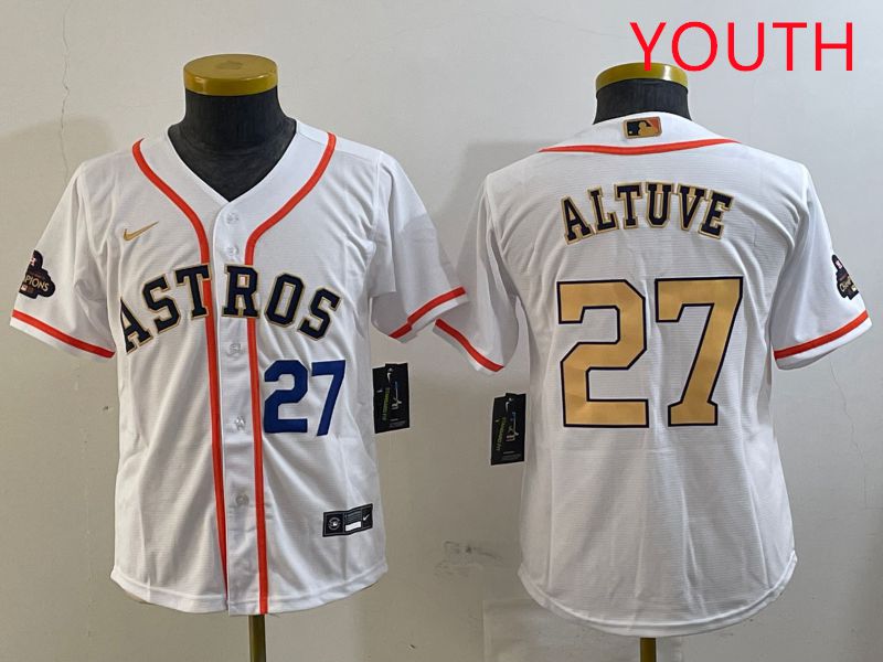 Youth Houston Astros 27 Altuve White Gold Game 2025 Nike MLB Jersey style 4